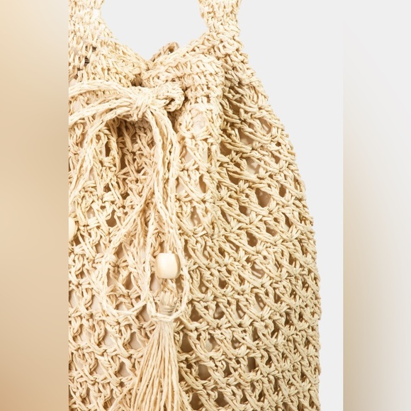 Fame Straw Braided Drawstring Tote Bag with Tassel - Picture 3 of 4